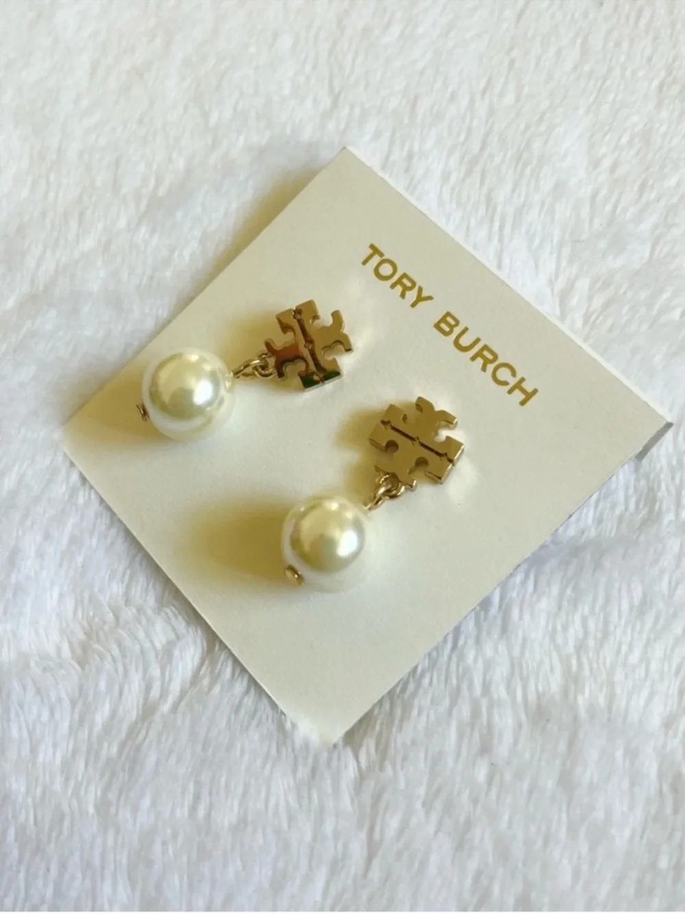 Tory Burch Gold-Tone Logo Drop Earrings with Cream Pearls